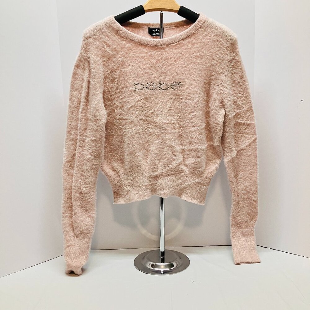 Bebe Womens Sepia Rose Pink‎ Fuzzy Cropped Sweater Size L